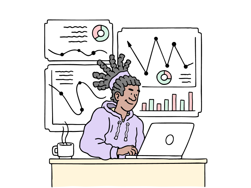 Aanpak Illustratie van iemand achter de laptop met inzicht in allerlei data.