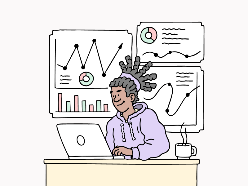 Illustratie van iemand achter de laptop met inzicht in allerlei data.