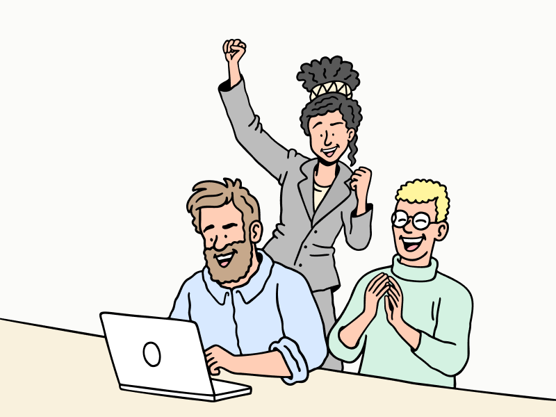 Illustratie van 3 mensen die juigen en achter een laptop zitten.
