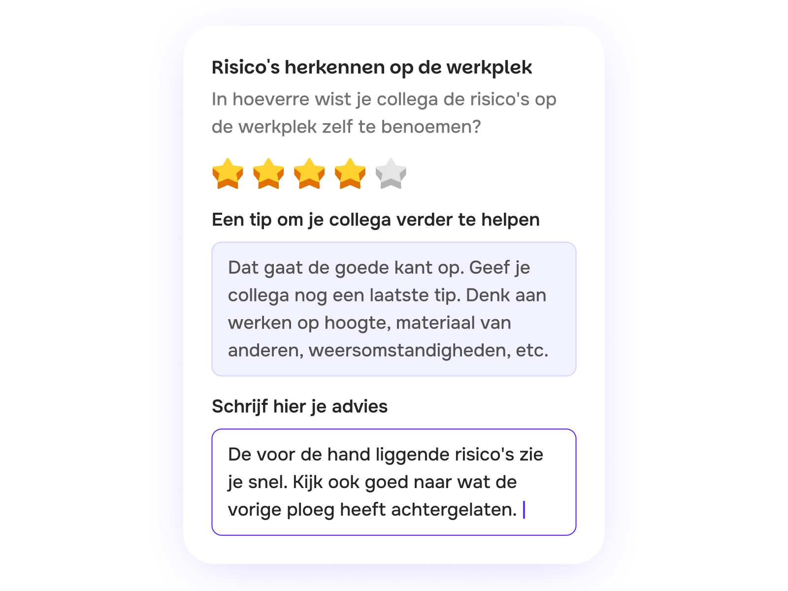 Buddy System Schermafbeelding van de NextCourse® buddy feedback met een sterrenbeoordeling en ruimte voor een persoonlijke tip